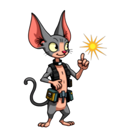 Circuit, a hairless Sphynx engineer in a tool vest pointing at a spark