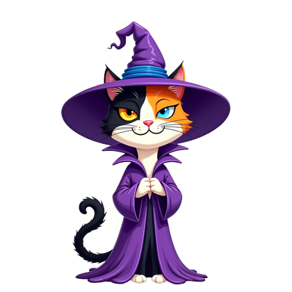 Duchess, a calico in a purple wizard hat and robe