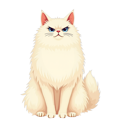 Marcheline, a fluffy cream Persian sitting upright with a stern glare