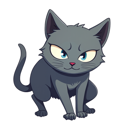 Mist, a sleek dark grey cat crouched low and watching with sharp blue eyes