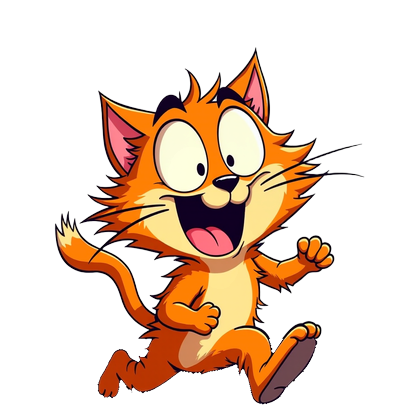 Turbo, an orange cat mid-sprint with a huge grin