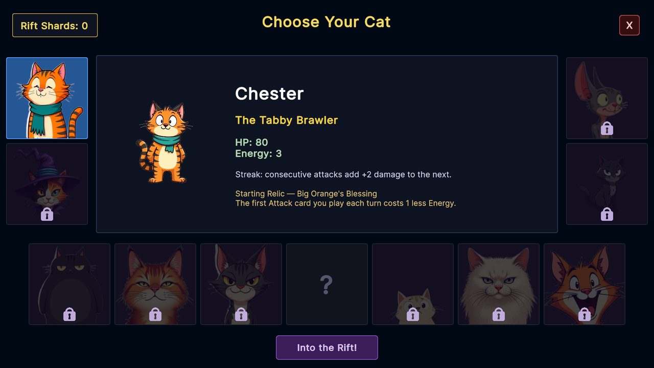 The Choose Your Cat screen with Chester selected, nine locked silhouettes and a mystery tile.
