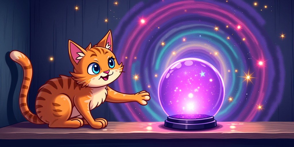 An orange tabby cat reaches a paw toward a glowing purple crystal globe in front of a swirling dimensional rift.